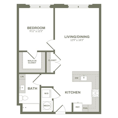 A floor plan of a small apartment with a bedroom, bathroom, kitchen, and living/dining area.